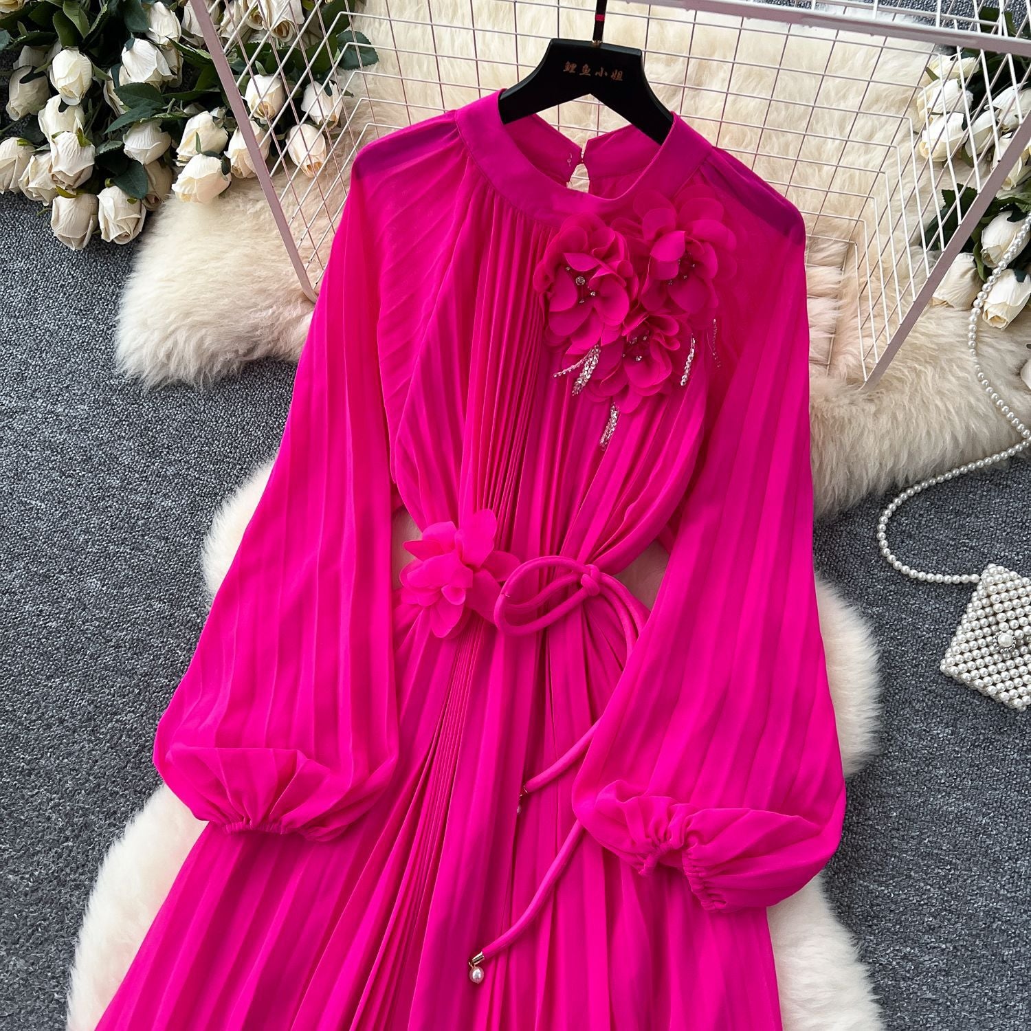 Elegant Women's Luxury Beaded Flower Belt Slim Waist Pleated Long Dress 13