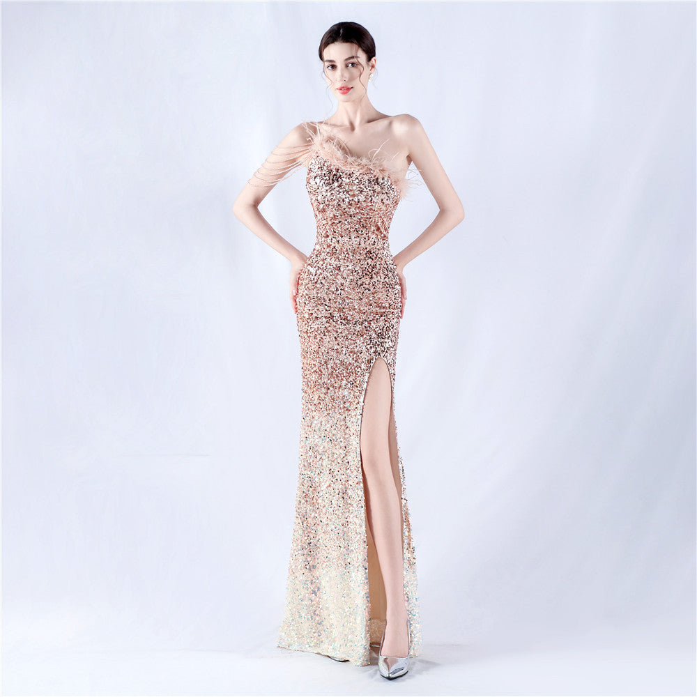 Women Ostrich Feather Beaded Sequin One Shoulder Slash Shoulder Slit Evening Dress 11