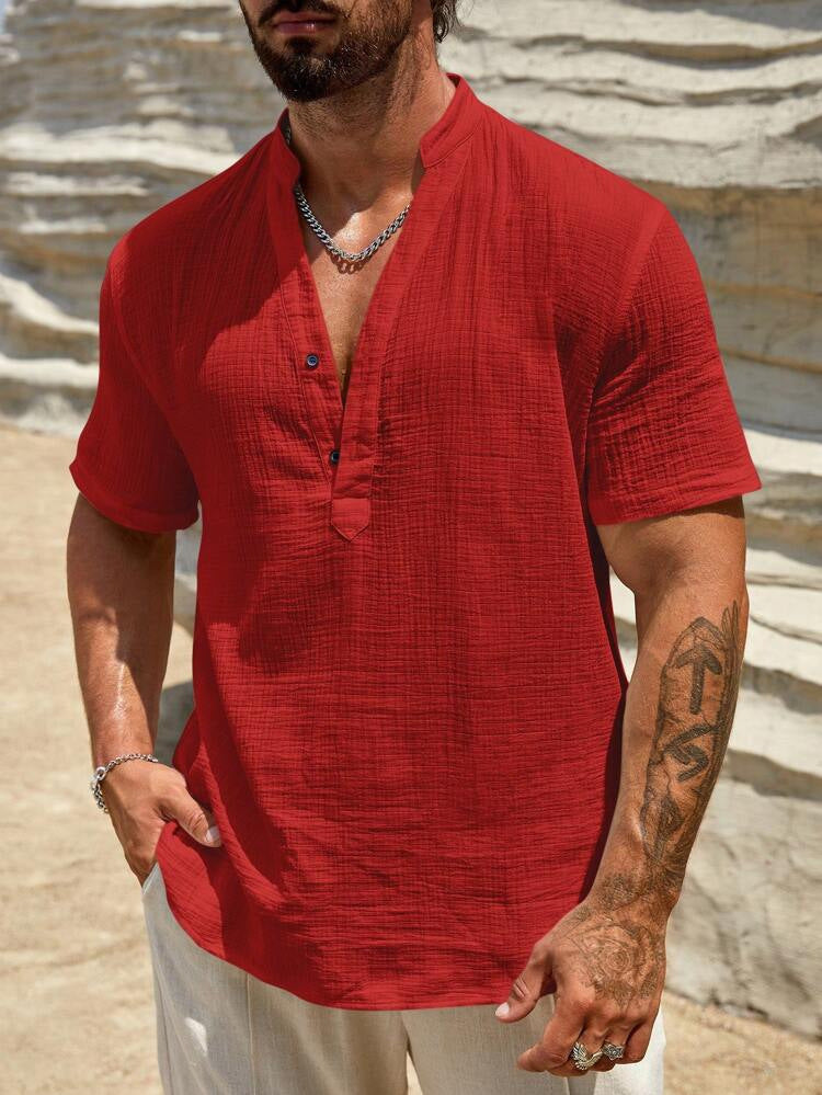 Men's Solid Stand Collar Short-Sleeve Fashion Shirt 7