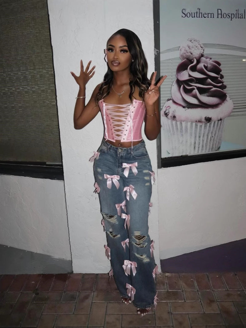 Women Street Bow Washed Ripped Denim Jeans 3