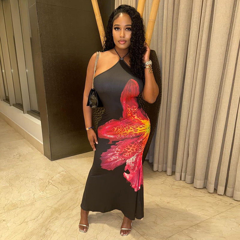 Women Floral Print Halter Neck Lace Sleeveless Bcakless Maxi Dress