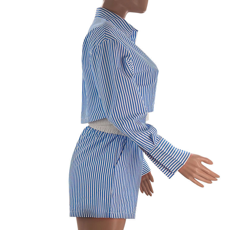 Fashion Casual Women Summer Striped Long Sleeve Shirt Elastic Waist Shorts Two-Piece Set 13