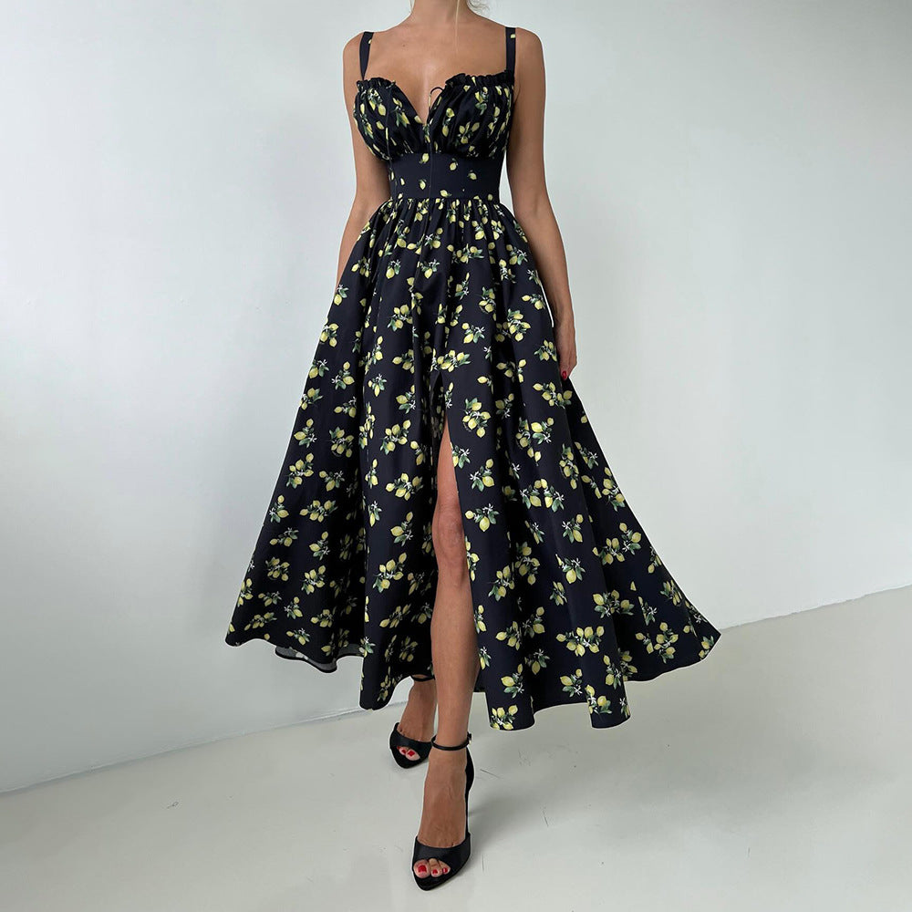 Women's Summer Printed Straps Slim Slit Long Dress 9