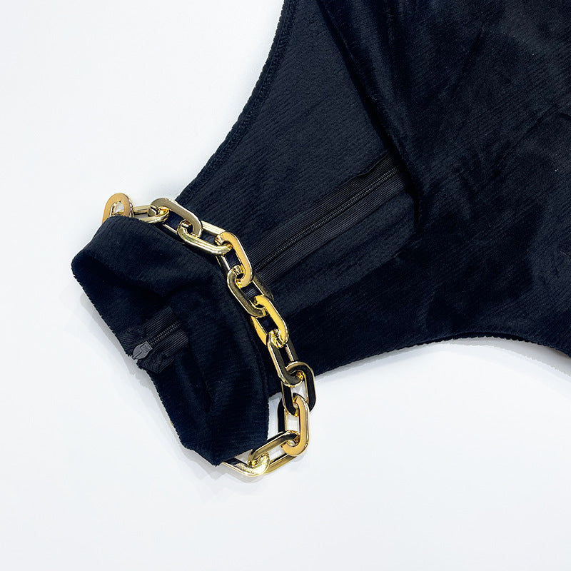 Summer Women corduroy metal chain Halter Neck off-shoulder sleeveless dress 11