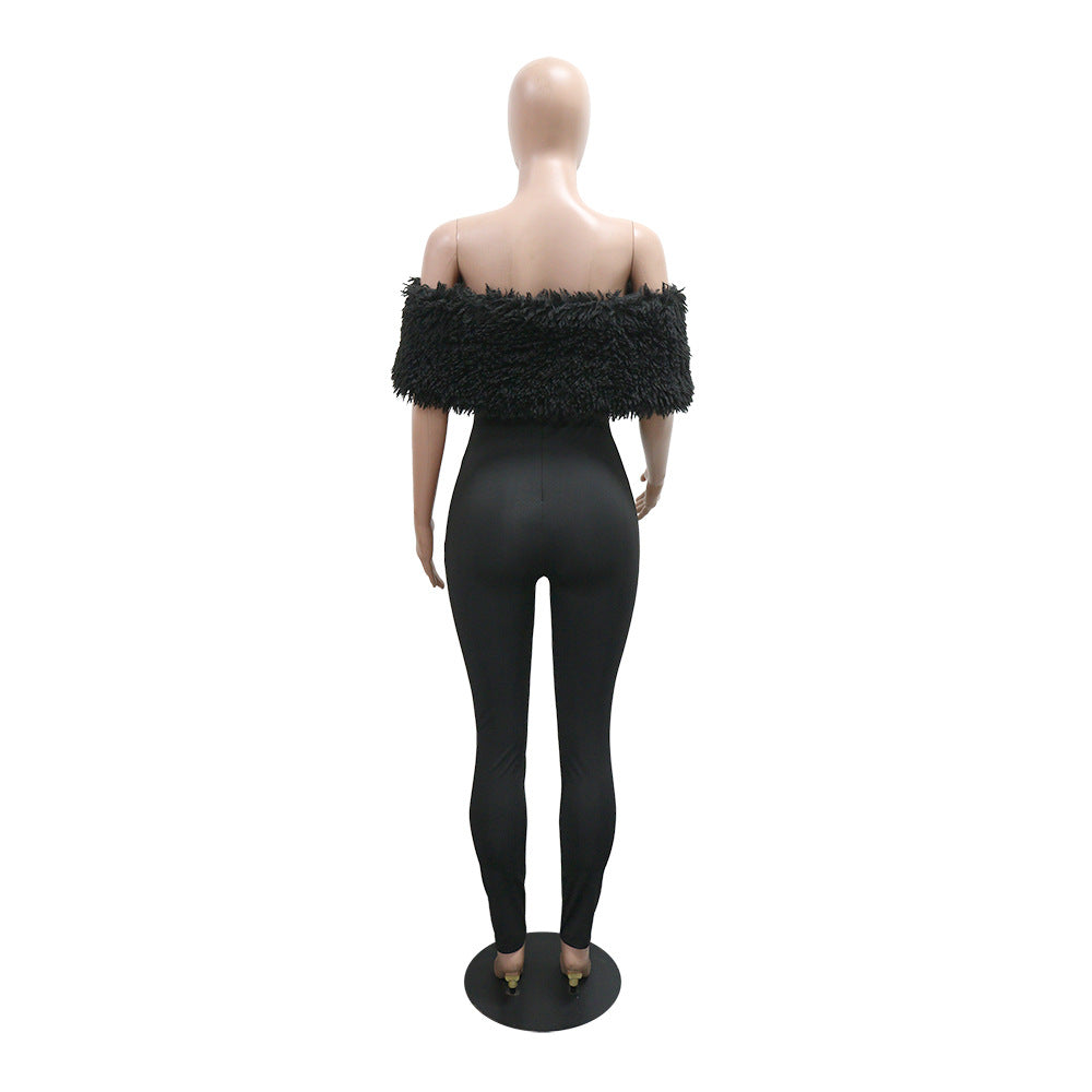 Off Shoulder Furry Patchwork Slim-Fit Jumpsuit 5