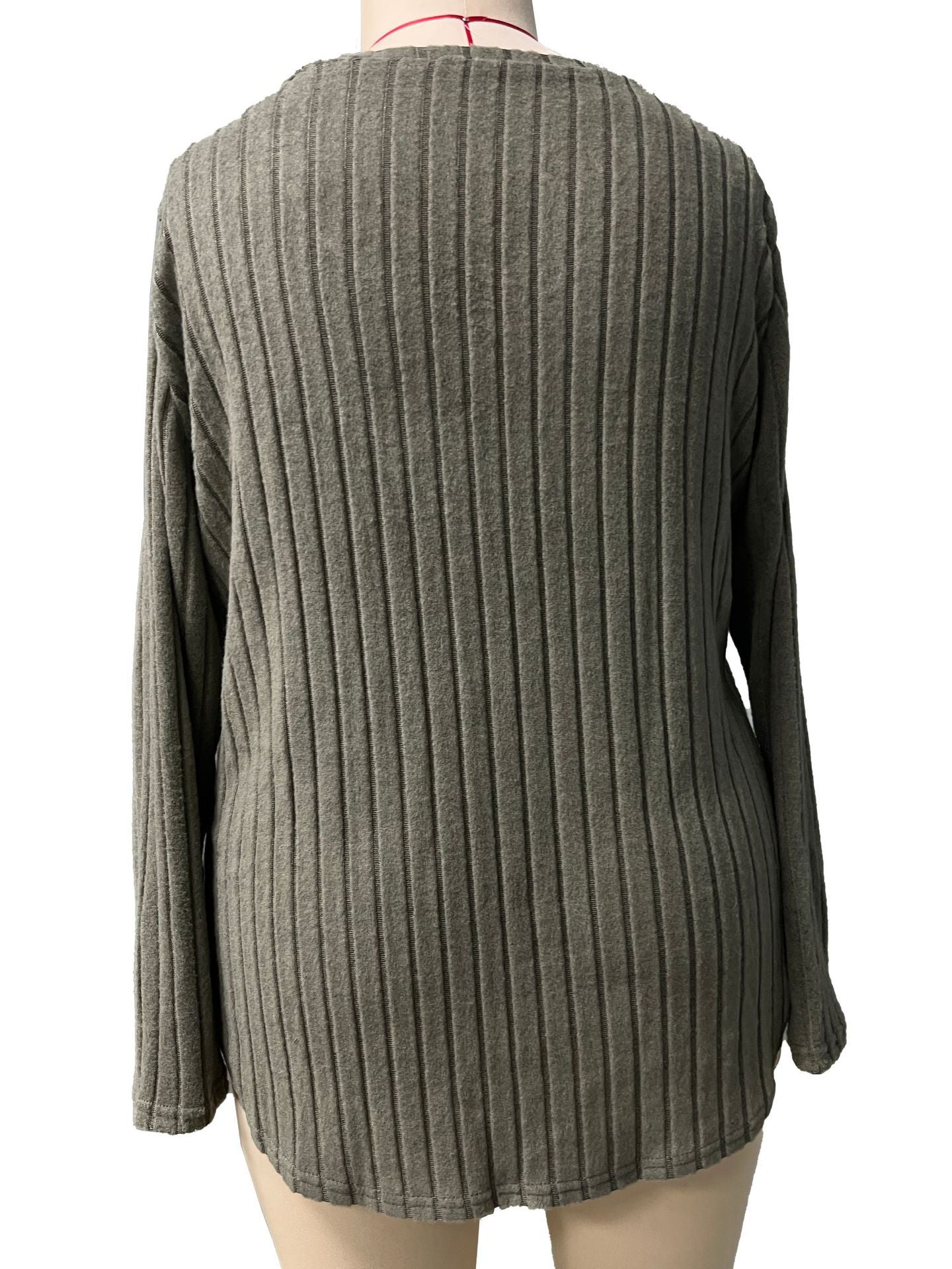 Women's Autumn Winter Solid Color Ribbed V-Neck Plus Size Pullover Top 31