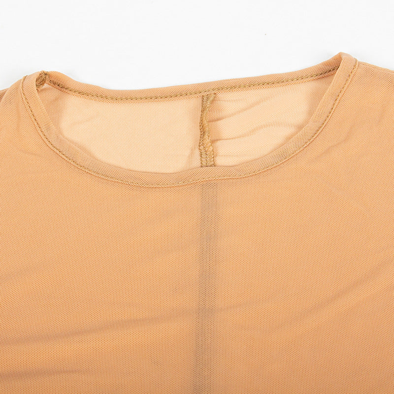 Autumn Solid Color Round Neck Long Sleeve Mesh Sexy Long Sleeve Bodycon Dress 15