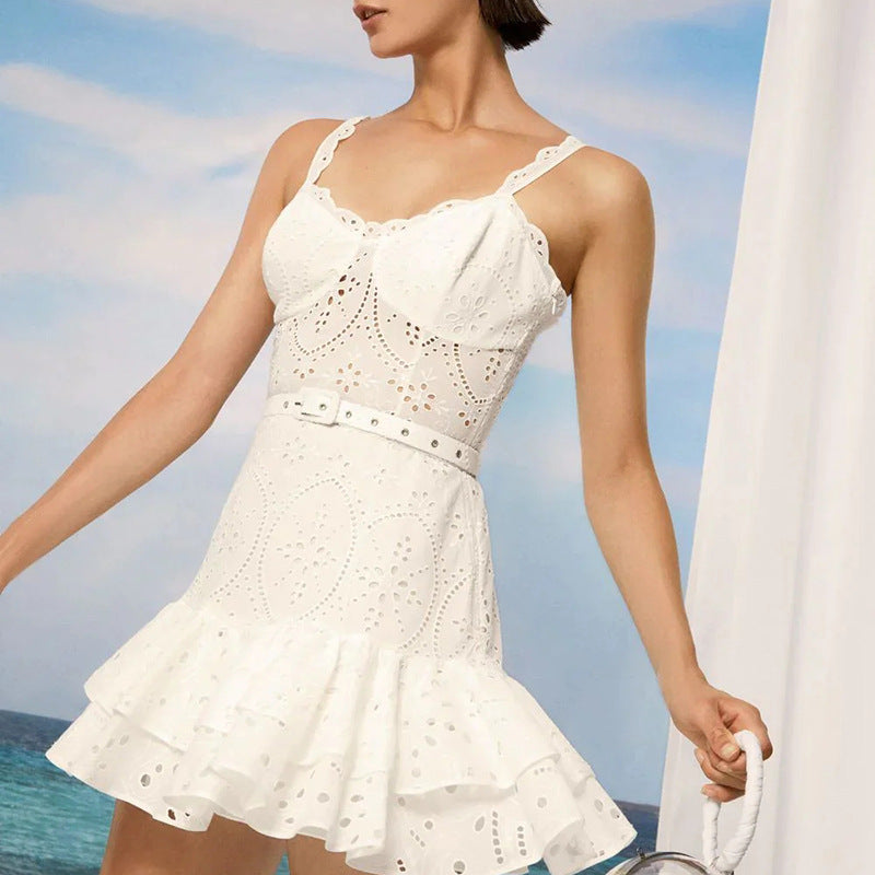 Summer Style Embroidery Sexy Strap Ruffle Slim Waist Women Short Dress 5