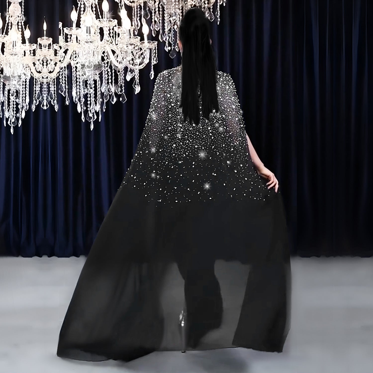 Women Sexy Beaded Bodycon Cape Dress