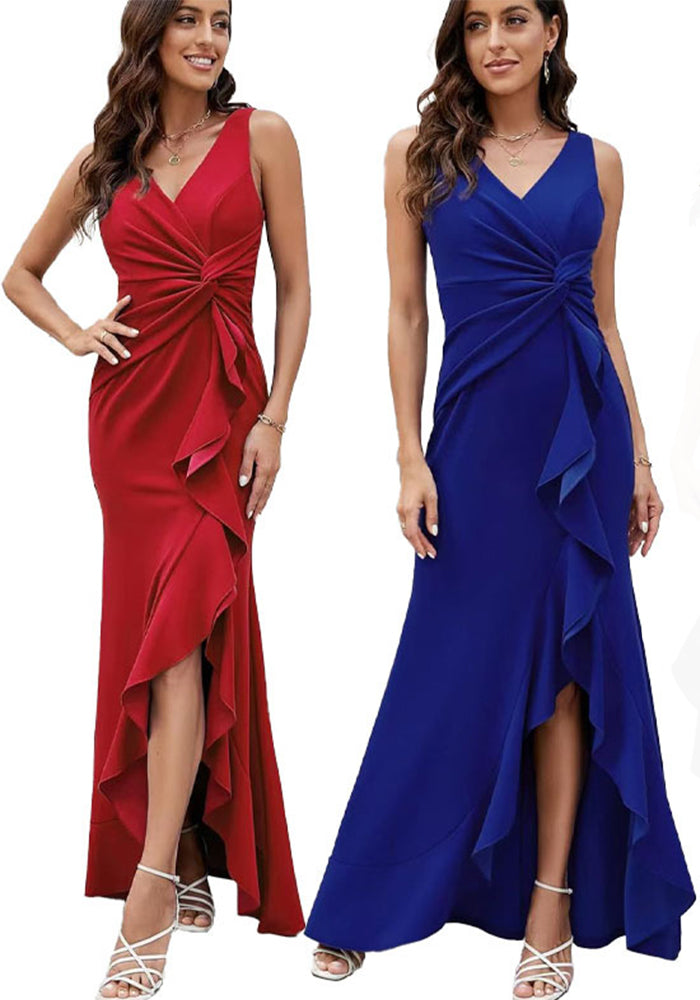 Women V-Neck Sleeveless Elegant Ruffle Slit Maxi Evening Dress