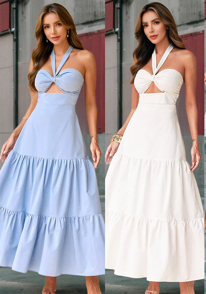 Women sexy suspender Halter Neck Cascading Ruffles Dress