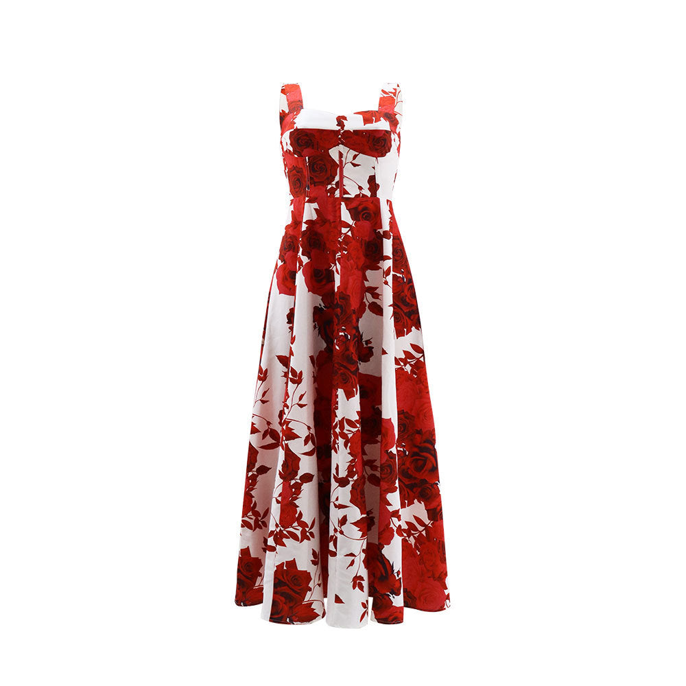 Strap Red Rose Printed Long Dress Chic Elegant Women's Dress 5