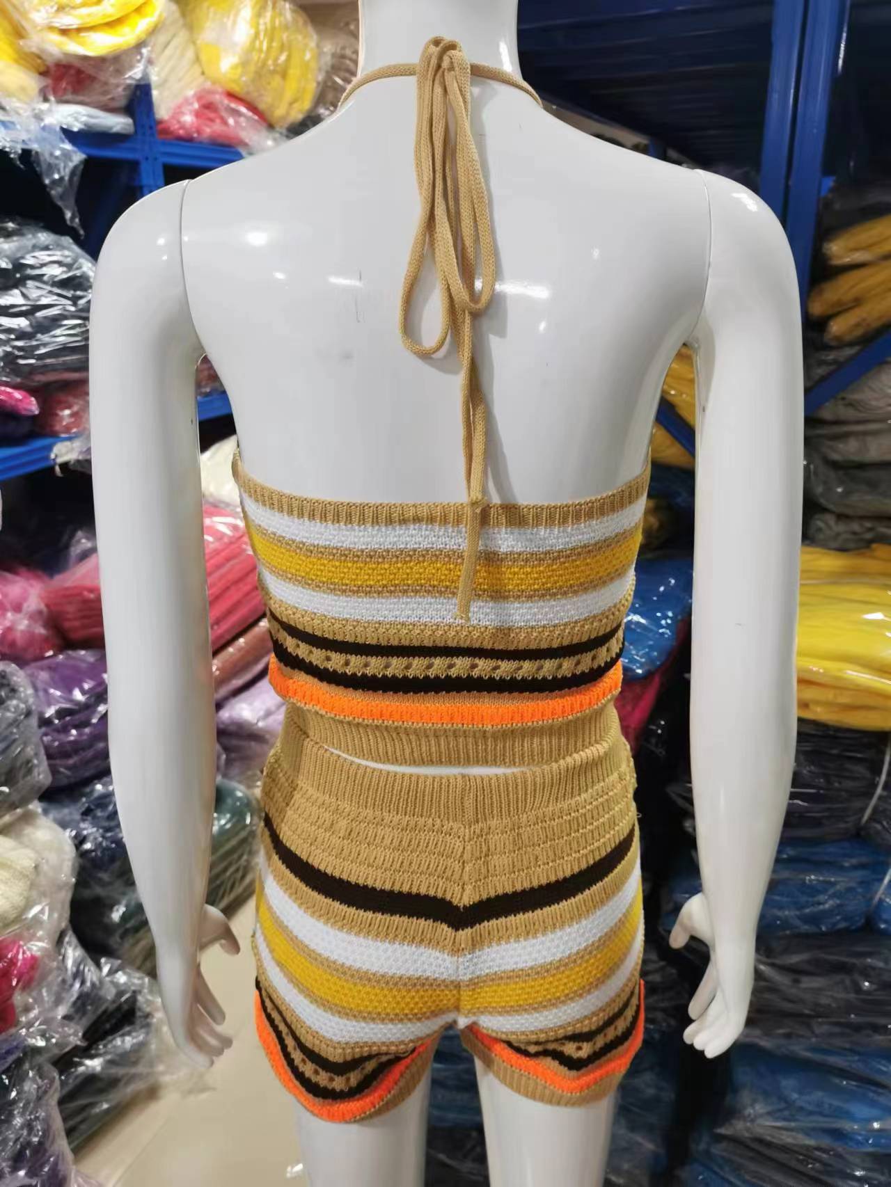 Summer Women Backless Halter Neck Top Sweater and Shorts Two-piece Set 16