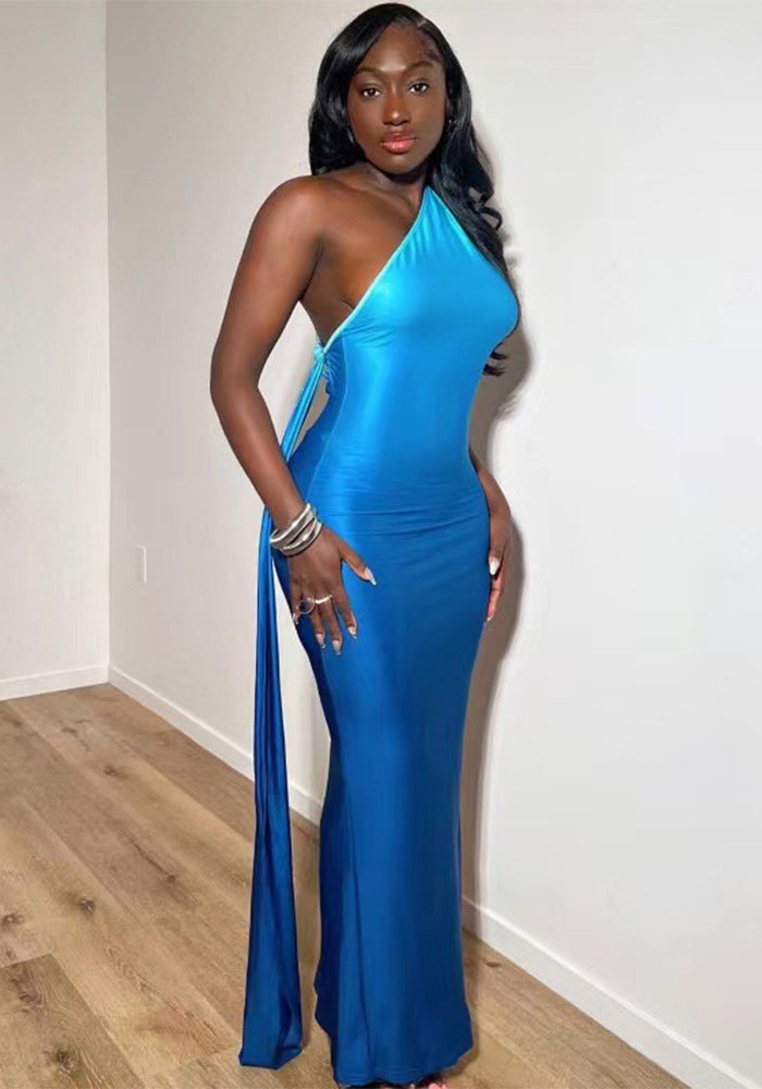 Women's Summer Sleeveless Slash Shoulder Gradient Color Sexy Slim Long Dress