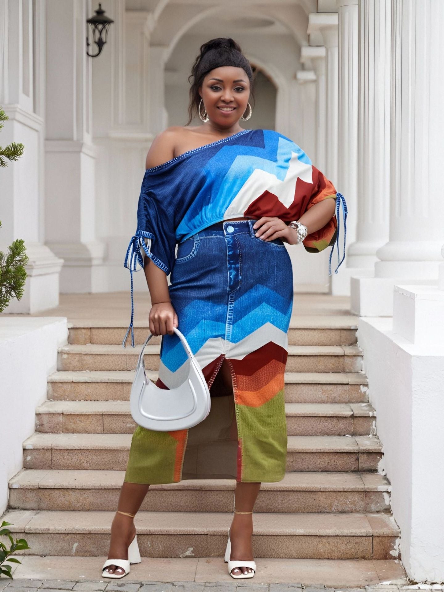 Plus Size Off Shoulder Printed Bat Sleeves Top Split Long Skirt Two Piece Set 7