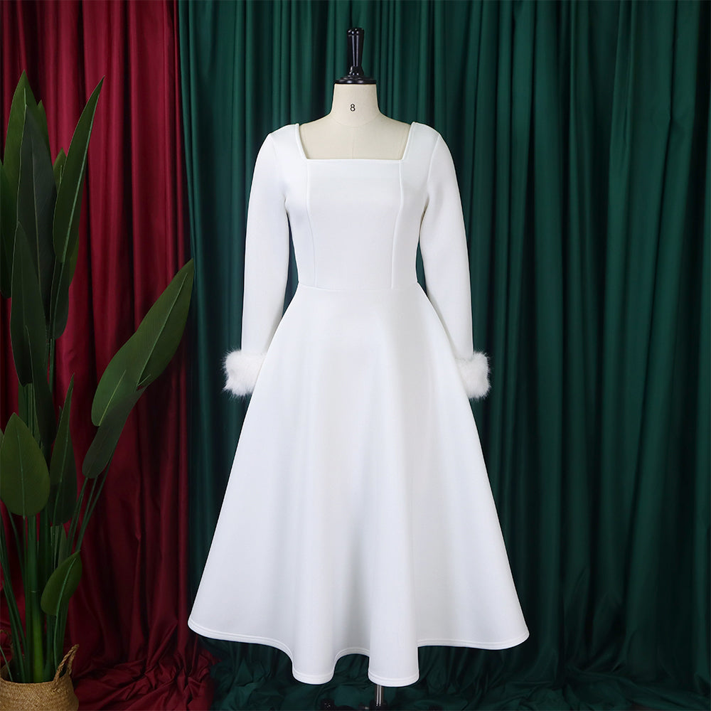Winter Chic Elegant Fur Decorated Long Sleeve A-Line African Party Dress 32