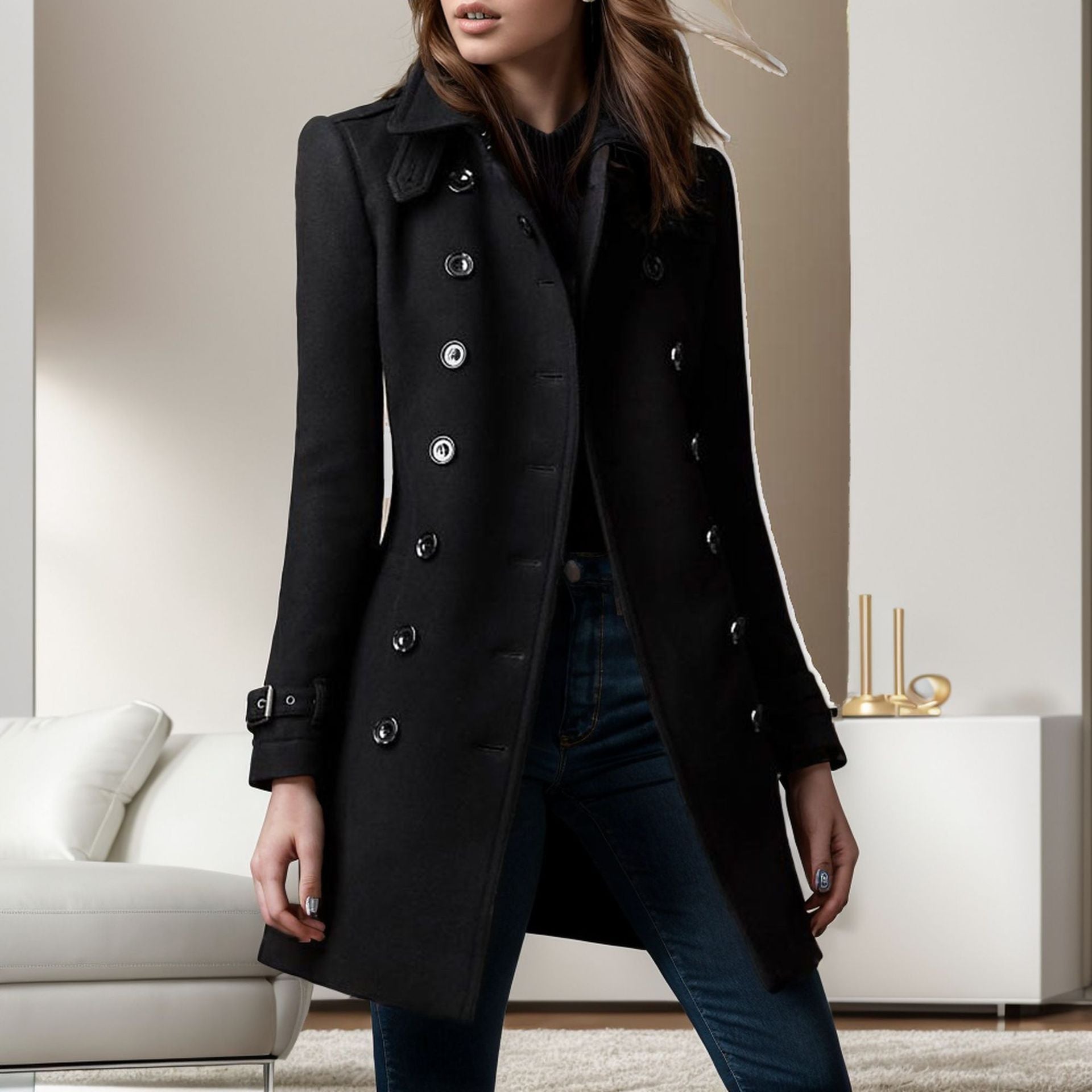 Autumn Winter Woolen Coat Women Double-Breasted Fashionable Woolen Coat