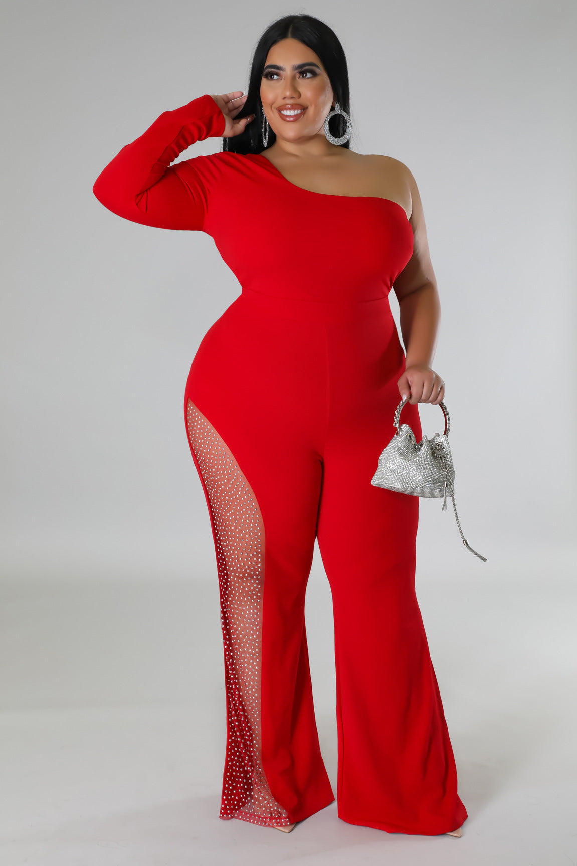 Women's Fashion One-Shoulder Long-Sleeved Mesh Patchwork One-Piece Flared Leg Jumpsuit 4