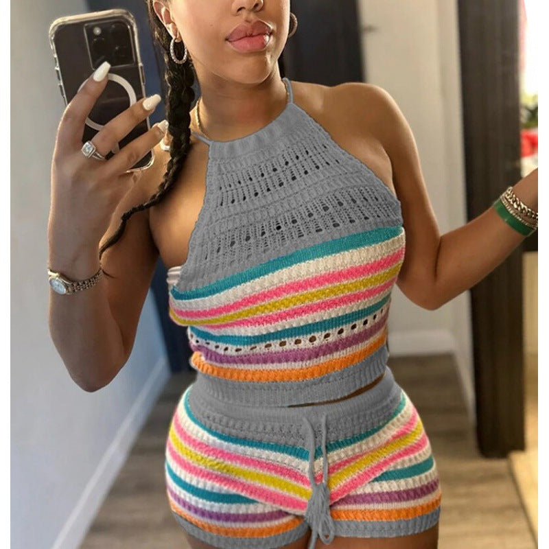 Summer Women Backless Halter Neck Top Sweater and Shorts Two-piece Set 11
