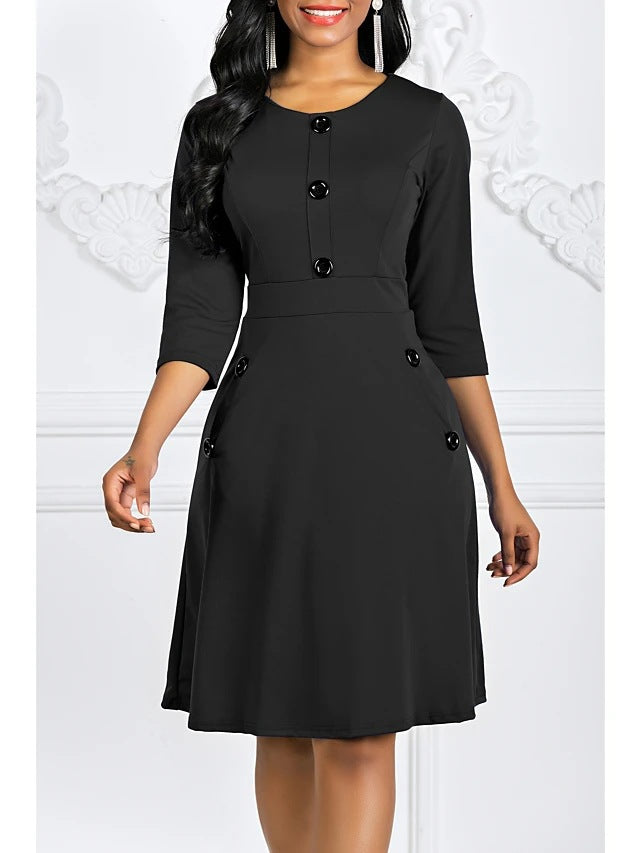 Plus Size Women's Autumn And Winter Round Neck Slim Waist A-Line Dresses 5