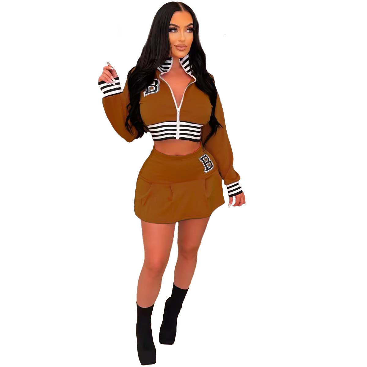 Women Casual Long Sleeve Letter Print Baseball Jacket and Mini Skirt Two-Piece 25