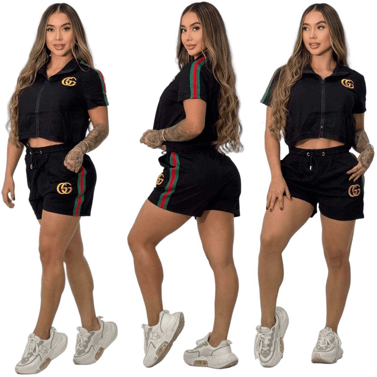 Women summer Casual Pocket embroidered sports short-sleeved Top and shorts two-piece set 5