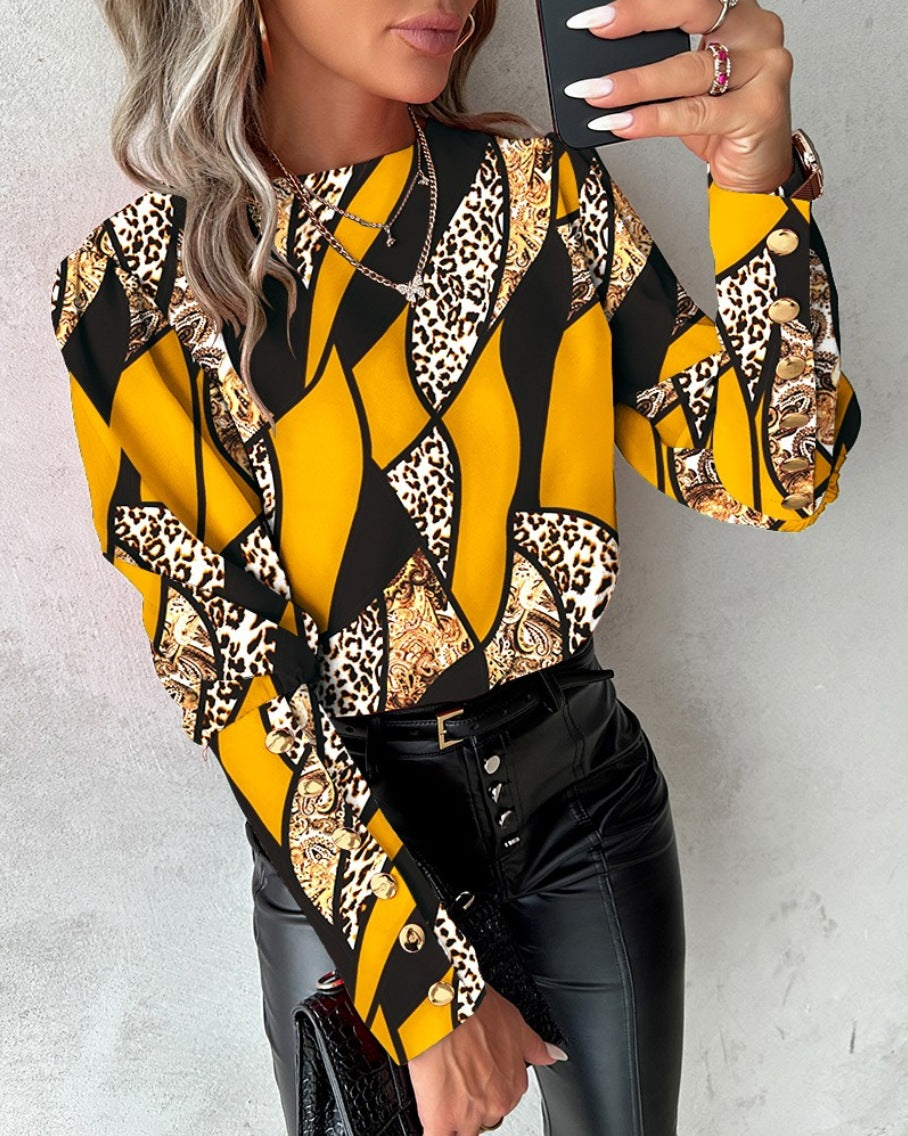 Spring Fashion Printed Long Sleeve Round Neck Button Shirt For Women 4