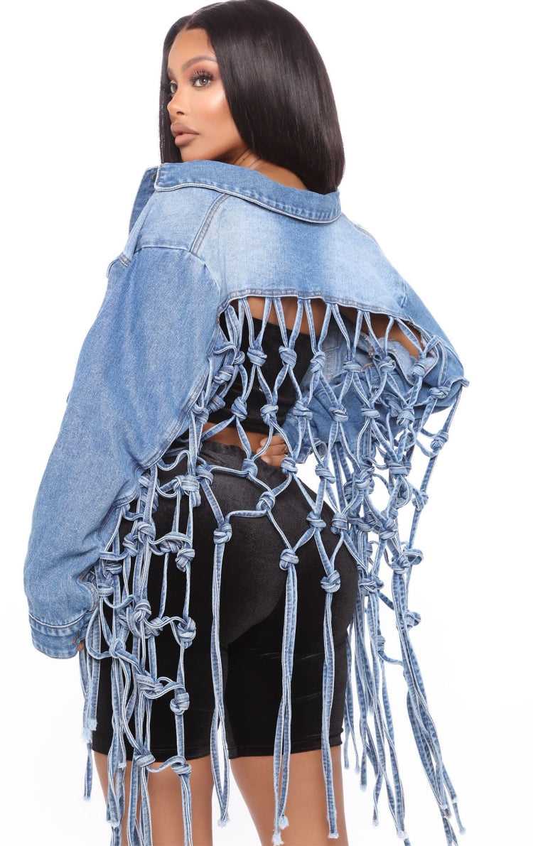 Autumn Casual Blue Loose Medium Long Tassel Denim Jacket