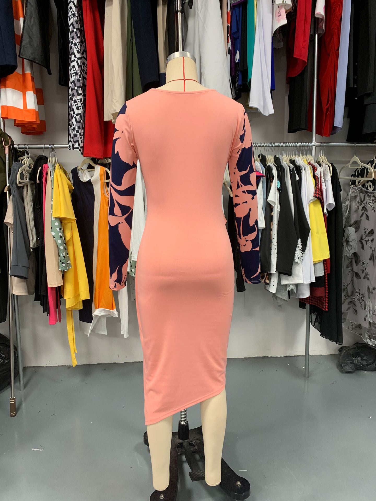 Women Pleated Long Sleeve Print Bodycon Dress 10