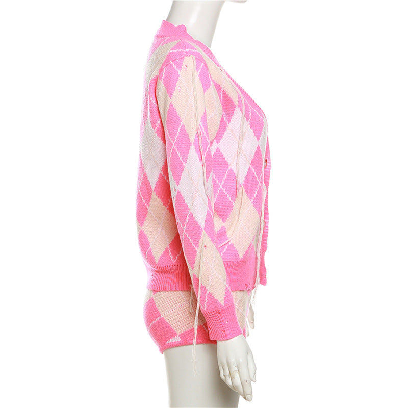 Autumn Women's Fashion Contrast Color Tassel Jacket High Waist Slim Shorts Two Piece Set For Women 12