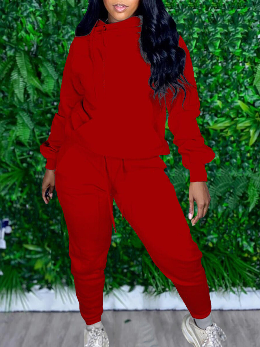 Women Casual Solid Long Sleeve Hooded Top+Pant Two Piece 4