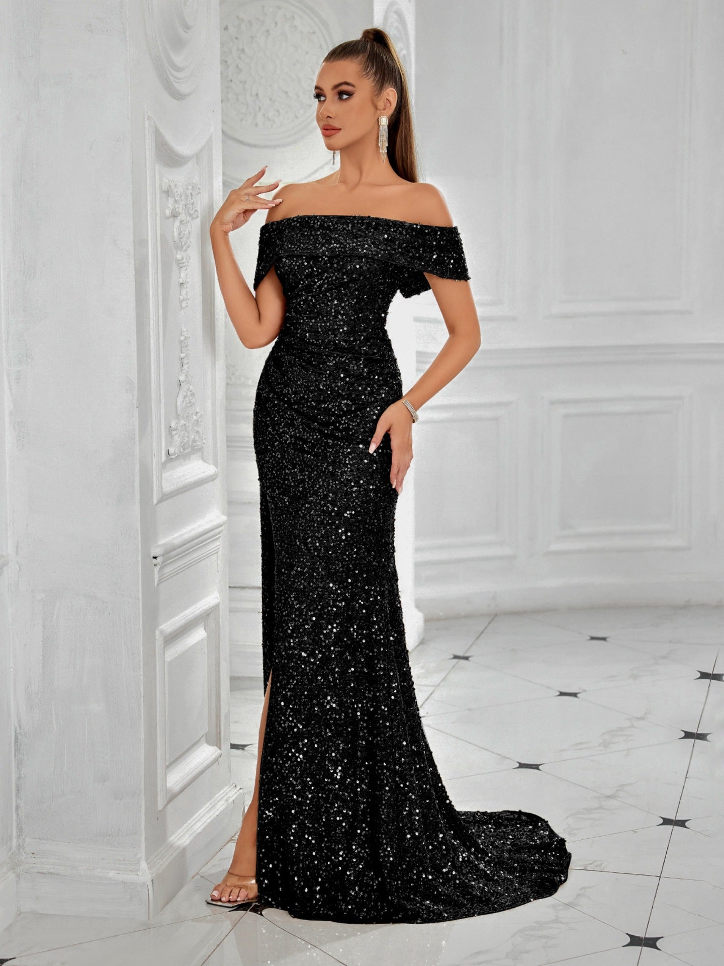 Women formal party off-shoulder sequined Slited Maxi Dress 3