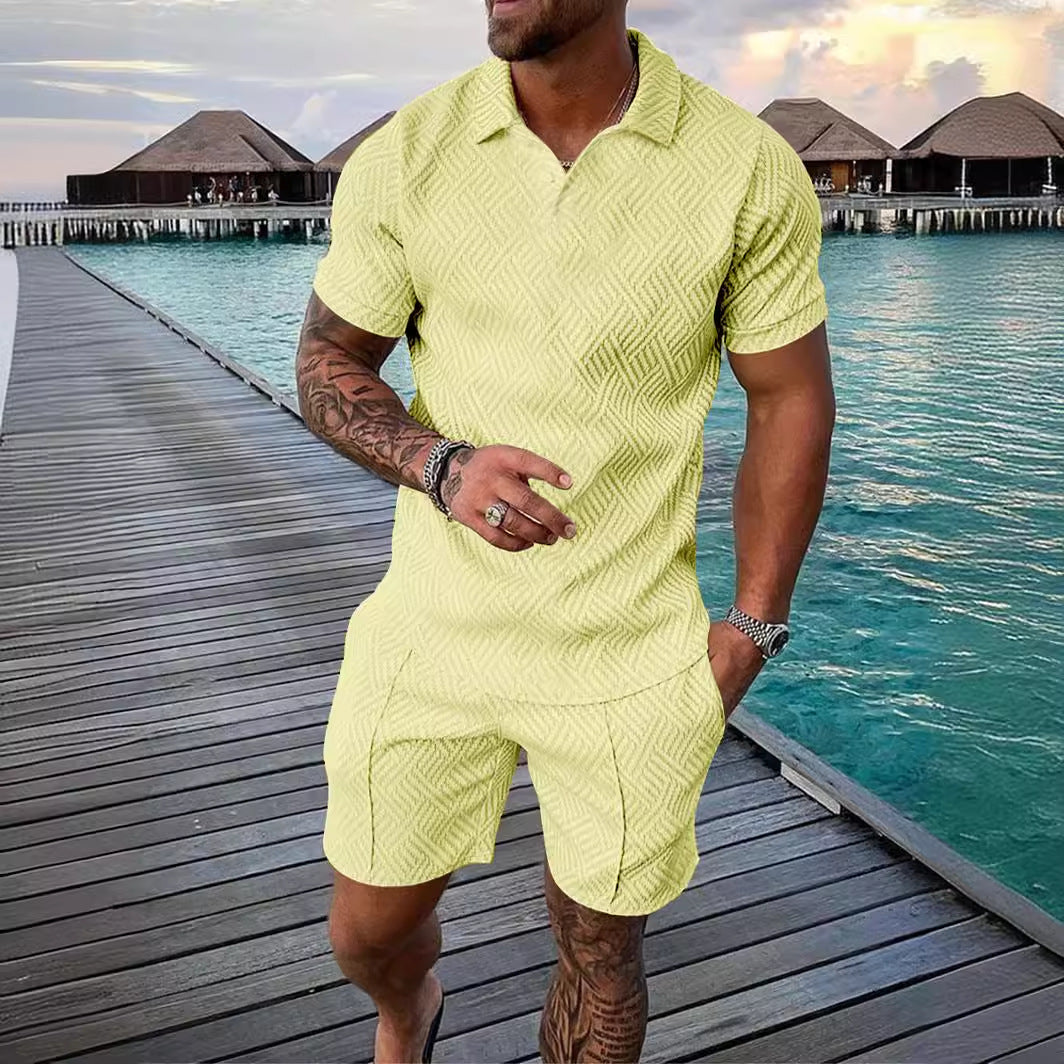 Men's Summer Fashion Casual Printed Turndown Collar Polo Shirt Shorts Two Piece Set 12
