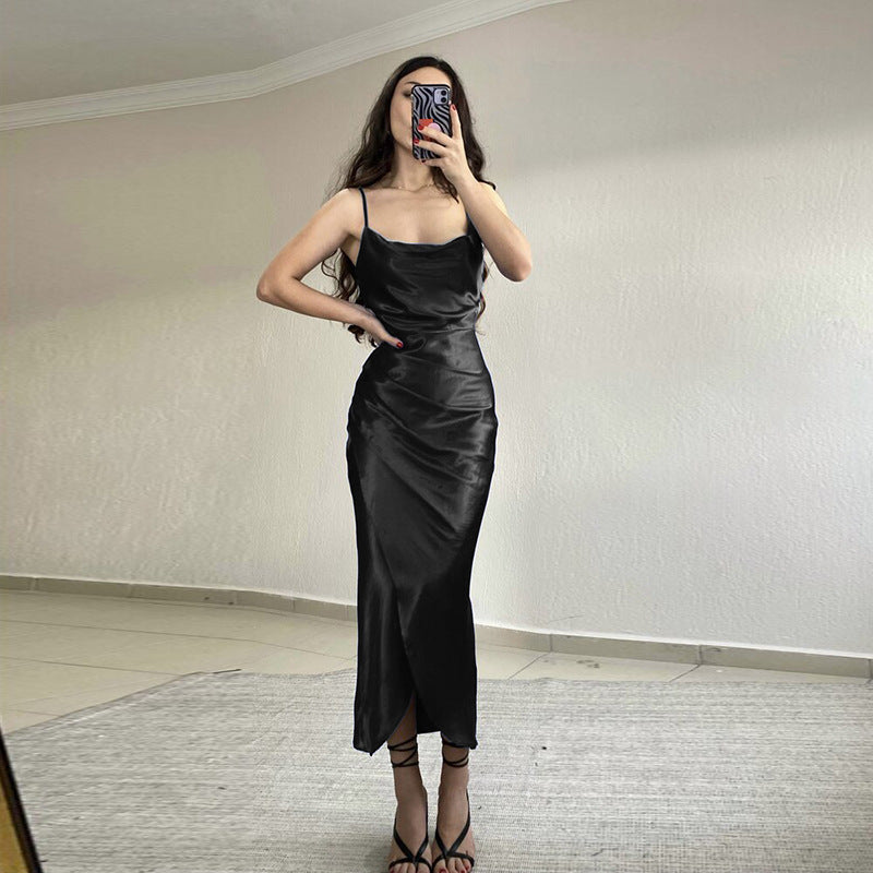 Sexy Low Cut Satin Slit Strap Dress Slim Fit Low Back Maxi Dress 19