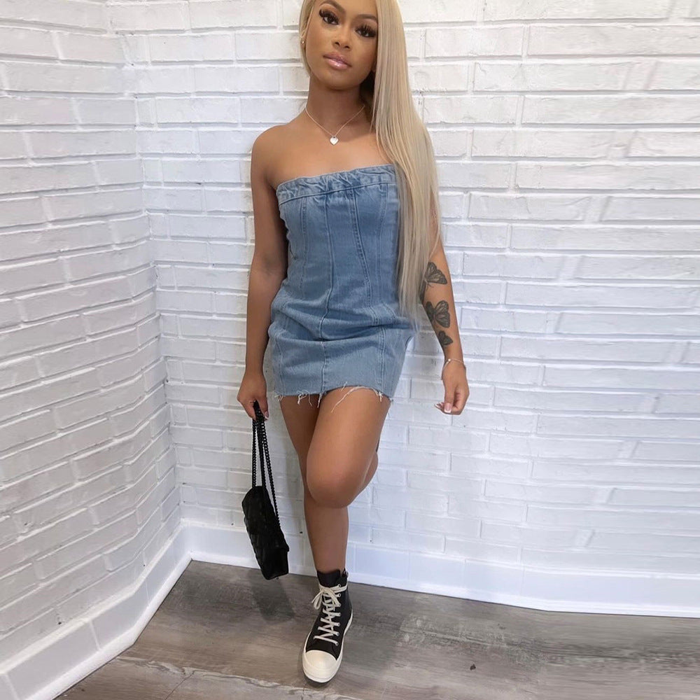Spring Summer Sexy Strapless Denim Dress 3