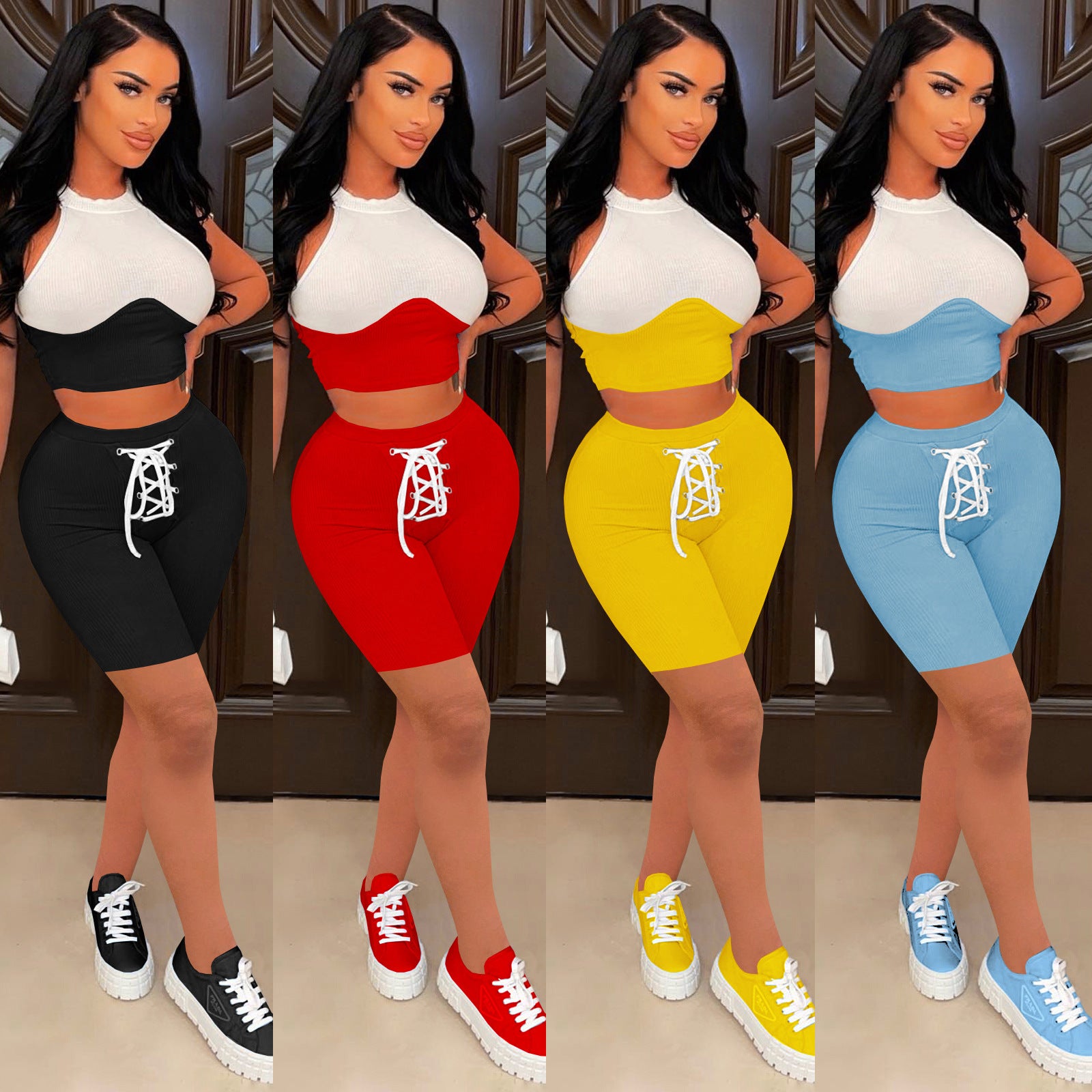 Summer Sexy Solid Colorblock Knitted Crop Top Shorts Two-Piece Set