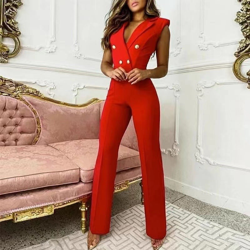 Summer Chic Solid Color Turndown Collar Sleeveless Jumpsuit Slim Fit Stylish Outfit