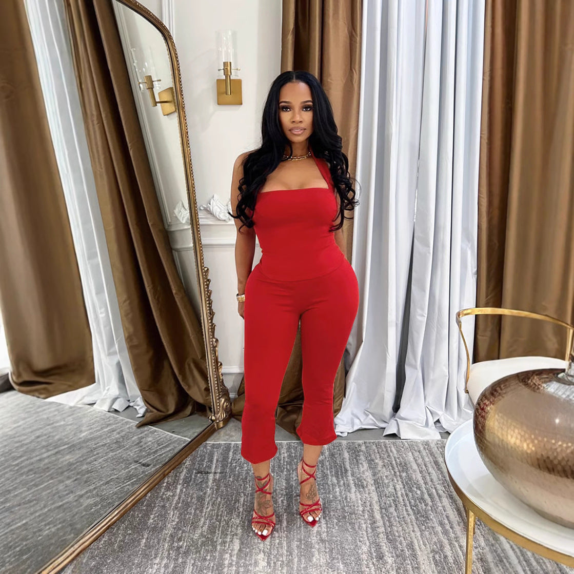 Women Spring Backless Halter Neck Sleeveless Vest and Pants Two Piece Set 4