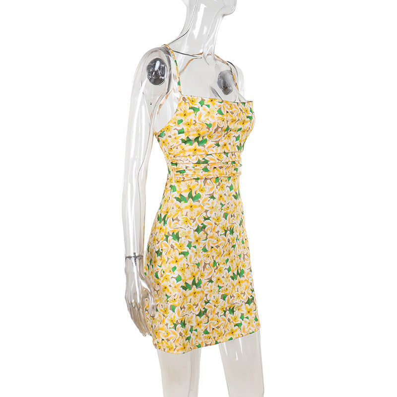 Women Summer French Floral Printed Strapless Backless Dress 7