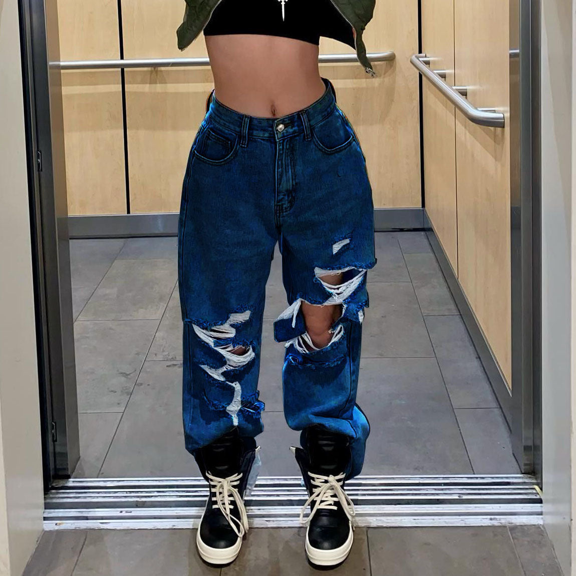 Hip-Hop Loose Straight Denim Pants Washed Distressed Same Trousers 5
