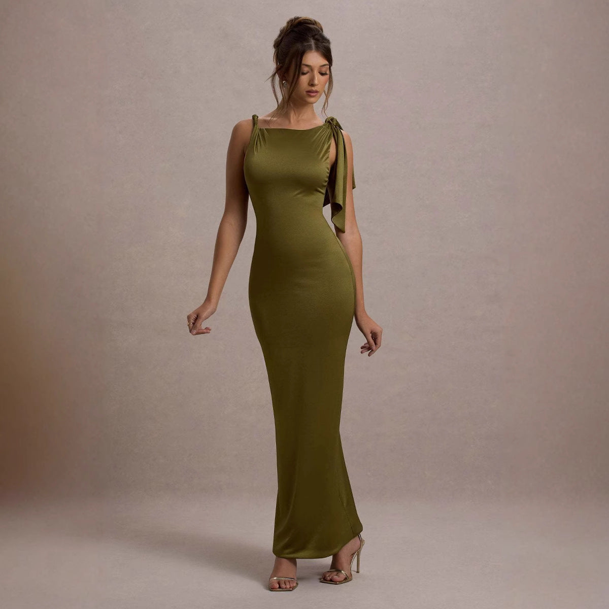 Women summer one-shoulder ribbon Solid dress 7