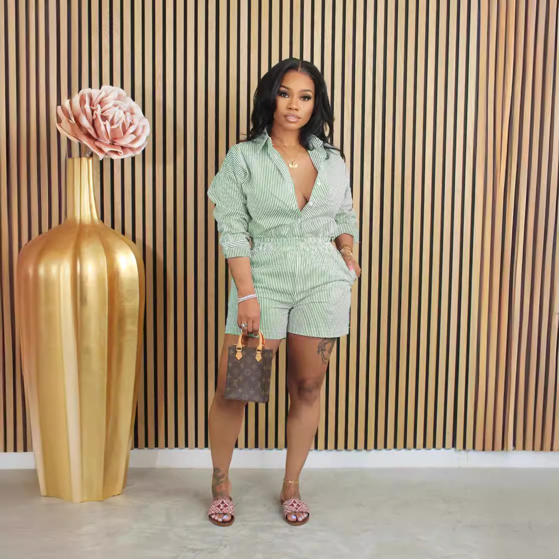 Women's Spring Summer Fashion Casual Striped Button Turndown Collar Shirt Shorts Two-Piece Set 7