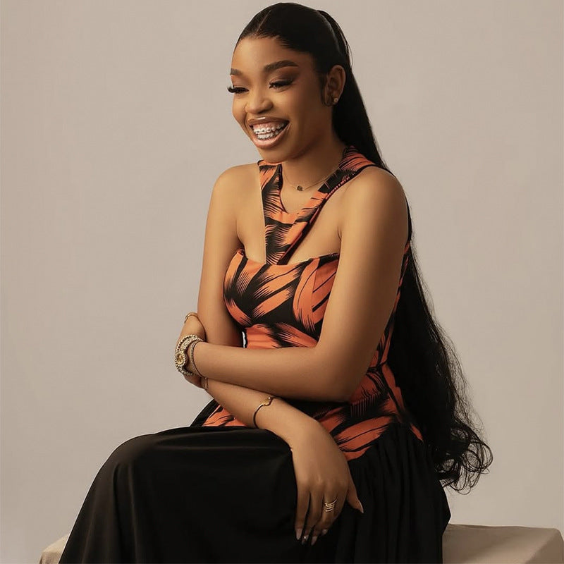 Women Autumn Elegant V-Neck Print Dress 5