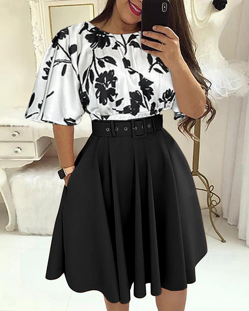 Summer Short Sleeve Printed Top and Skirt Two-piece Set