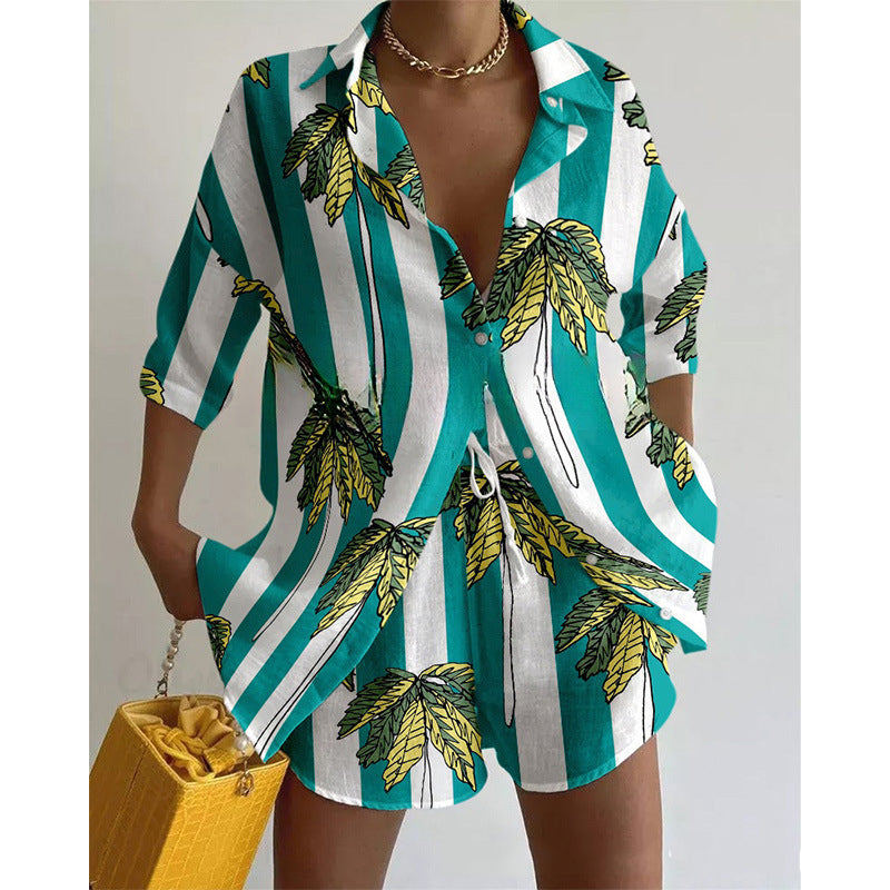 Women's Summer Printing Casual Shirt Shorts 2-Piece Set 4