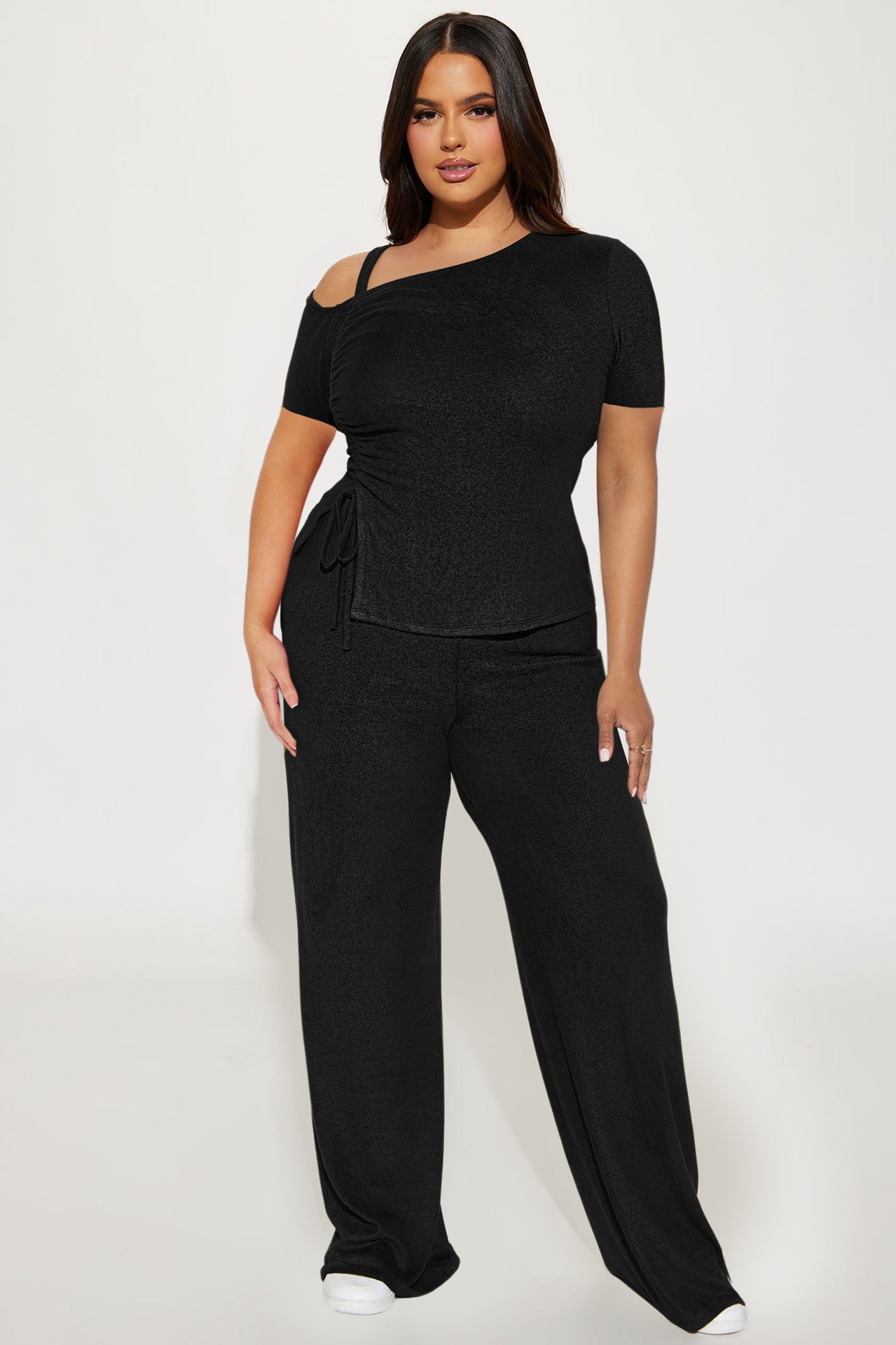 Women's Spring  Slash Shoulder Short Sleeve Pleated Slim Sexy Two-Piece Pants Set