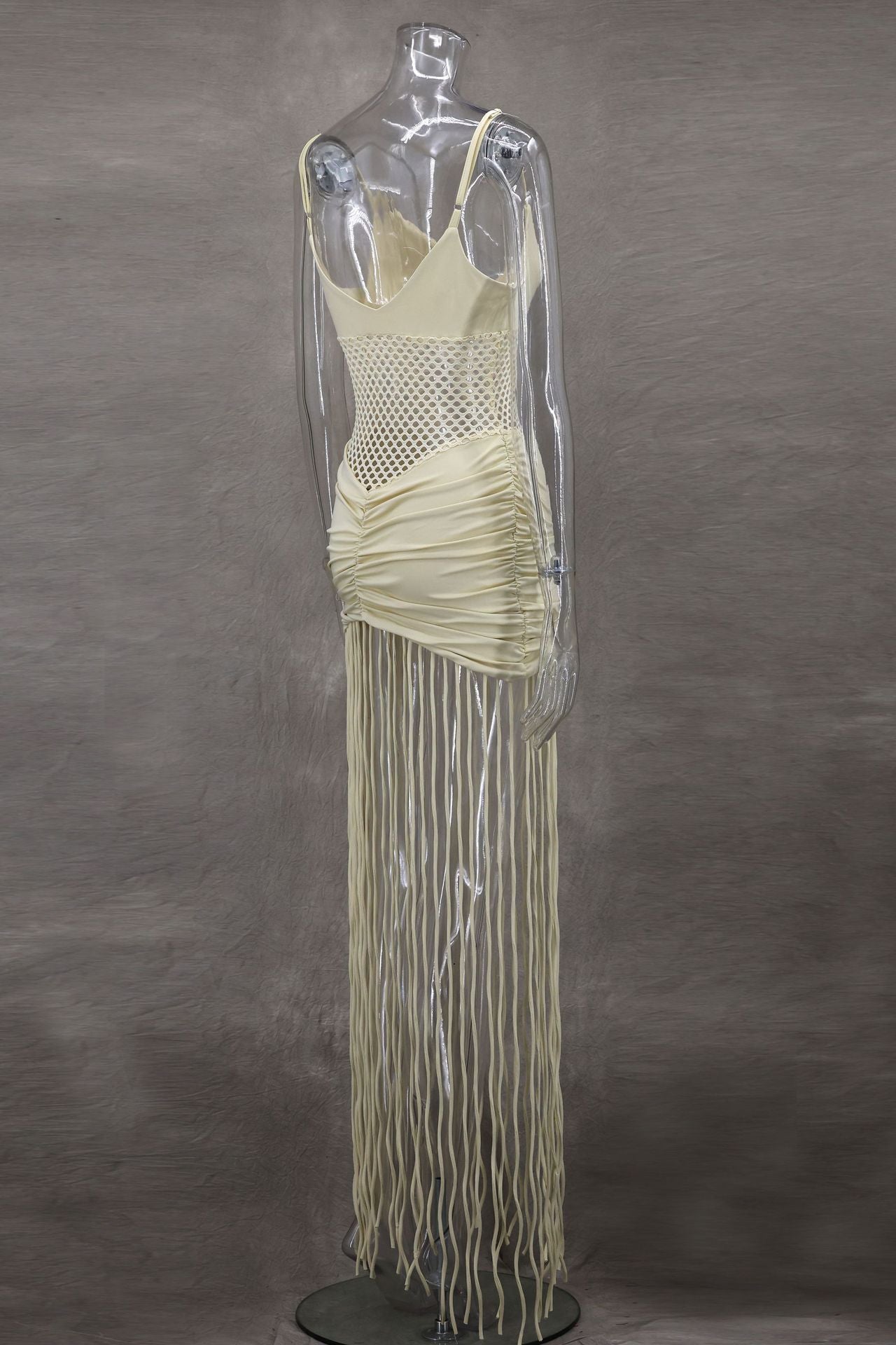 Women Spring and Summer Strap Mesh Sexy Pleated Bodycon Tassel Dress 11