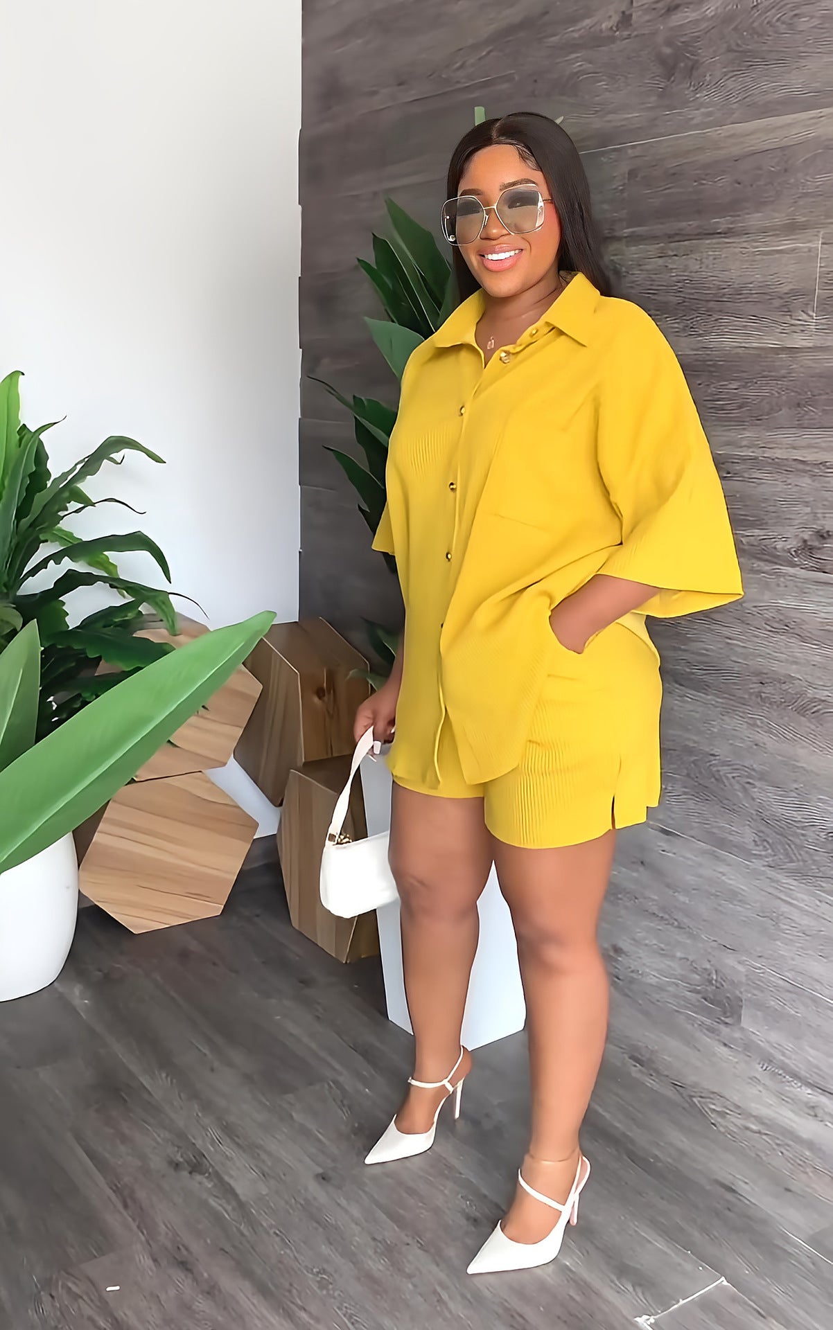 Solid Turndown Collar Long Shirt Casual Shorts Set Women's Two Piece 7