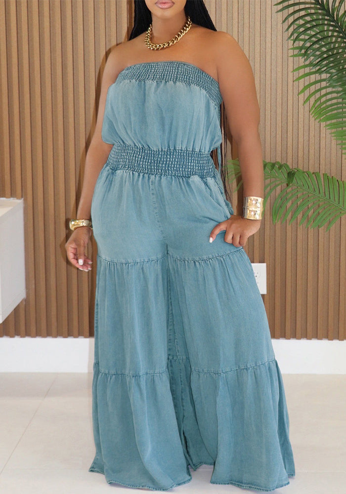 Women Denim Solid Strapless Sleeveless Wide-Leg Jumpsuit