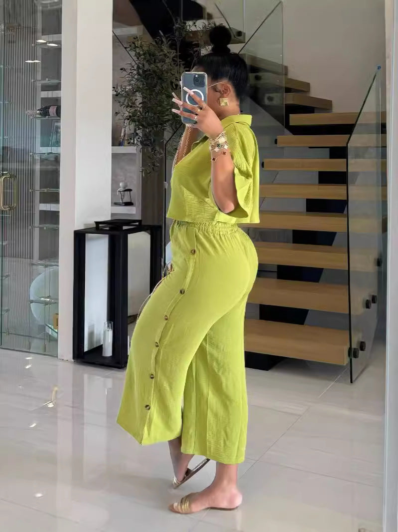 Women turndown collar shirt and nine-point wide-leg pants two-piece set 5